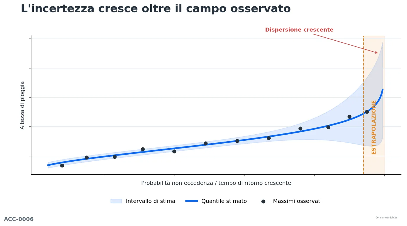 Dati osservati, curva stimata e fascia di incertezza crescente nel campo di estrapolazione.