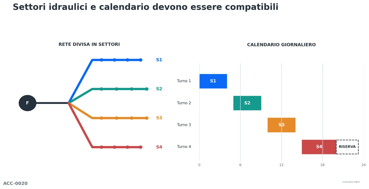 Rete irrigua suddivisa in settori colorati e calendario giornaliero dei turni di erogazione.