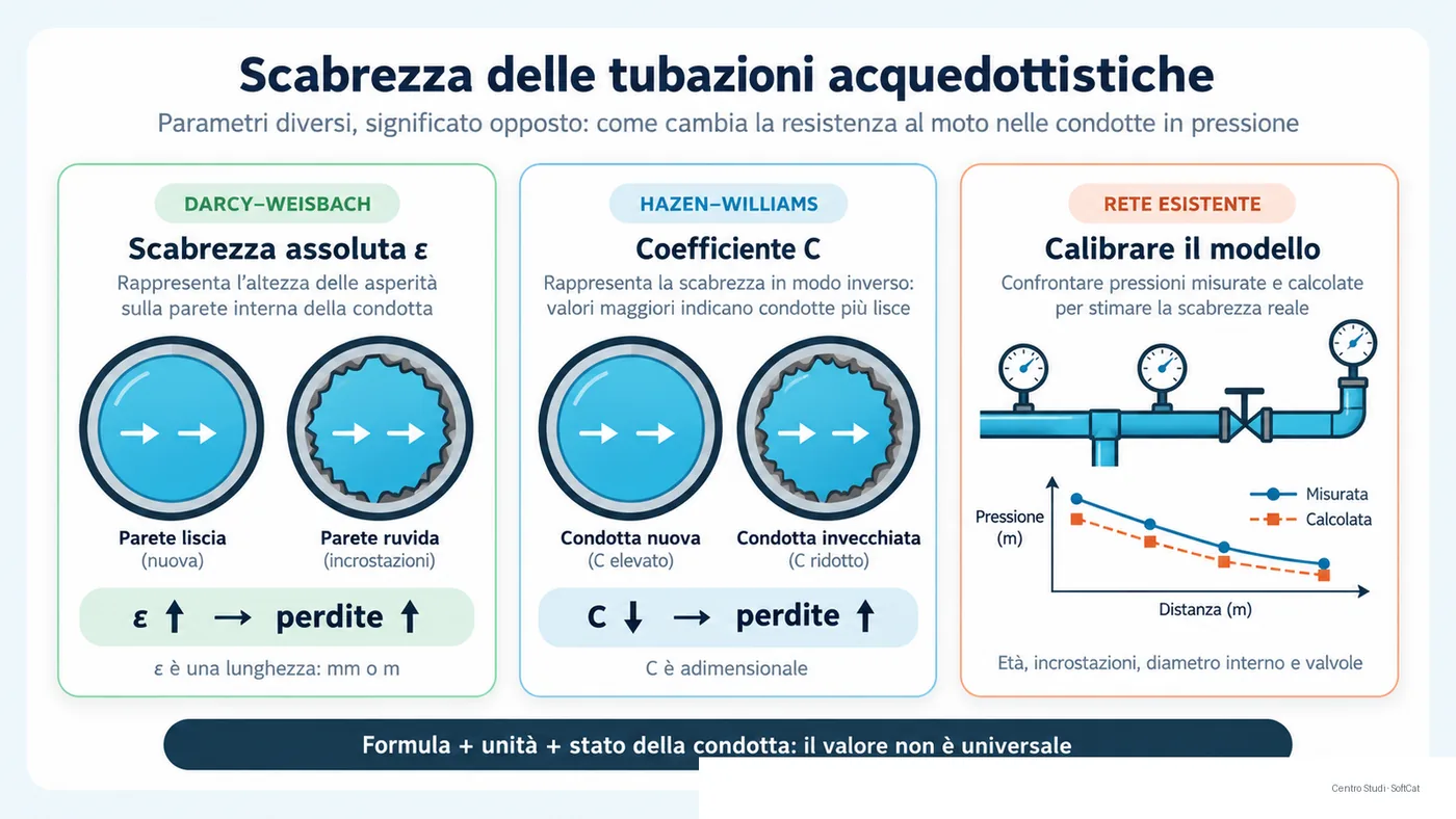 Schema di una condotta acquedottistica che confronta Darcy-Weisbach e Hazen-Williams e mostra l'aumento delle perdite al crescere di epsilon o al diminuire del coefficiente C.