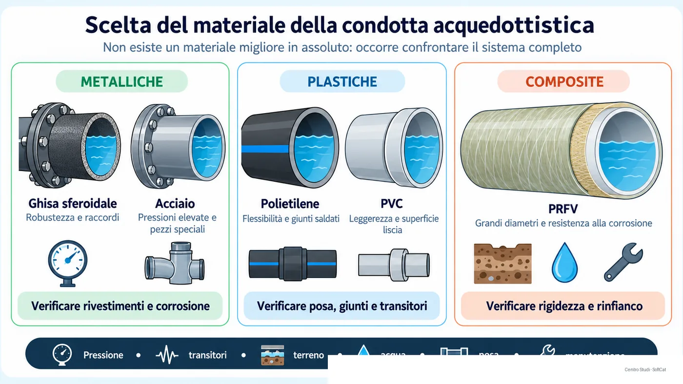 Schema comparativo di condotte in ghisa sferoidale, acciaio, polietilene, PVC e PRFV valutate rispetto a pressione, terreno, posa, acqua potabile e manutenzione.