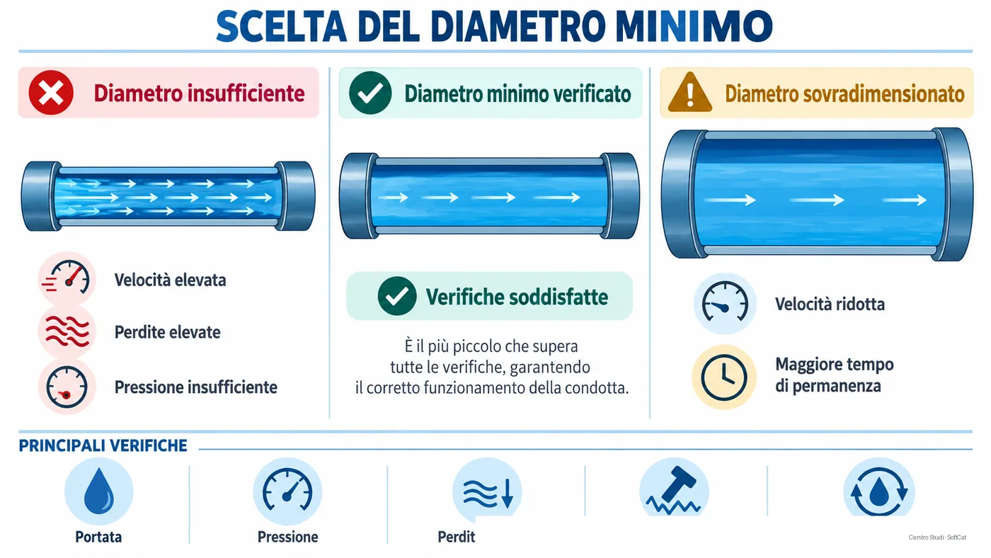 Confronto tecnico tra condotte acquedottistiche di diametro differente con effetti su velocità, perdita di carico, pressione e tempo di permanenza.