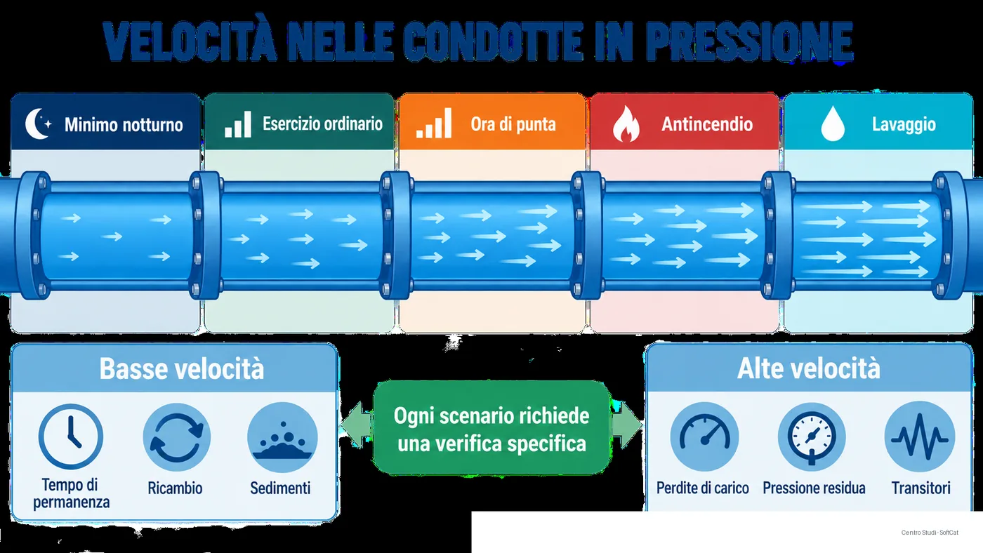 Confronto delle velocità in una condotta acquedottistica nelle condizioni di minimo, media, punta, antincendio e lavaggio.