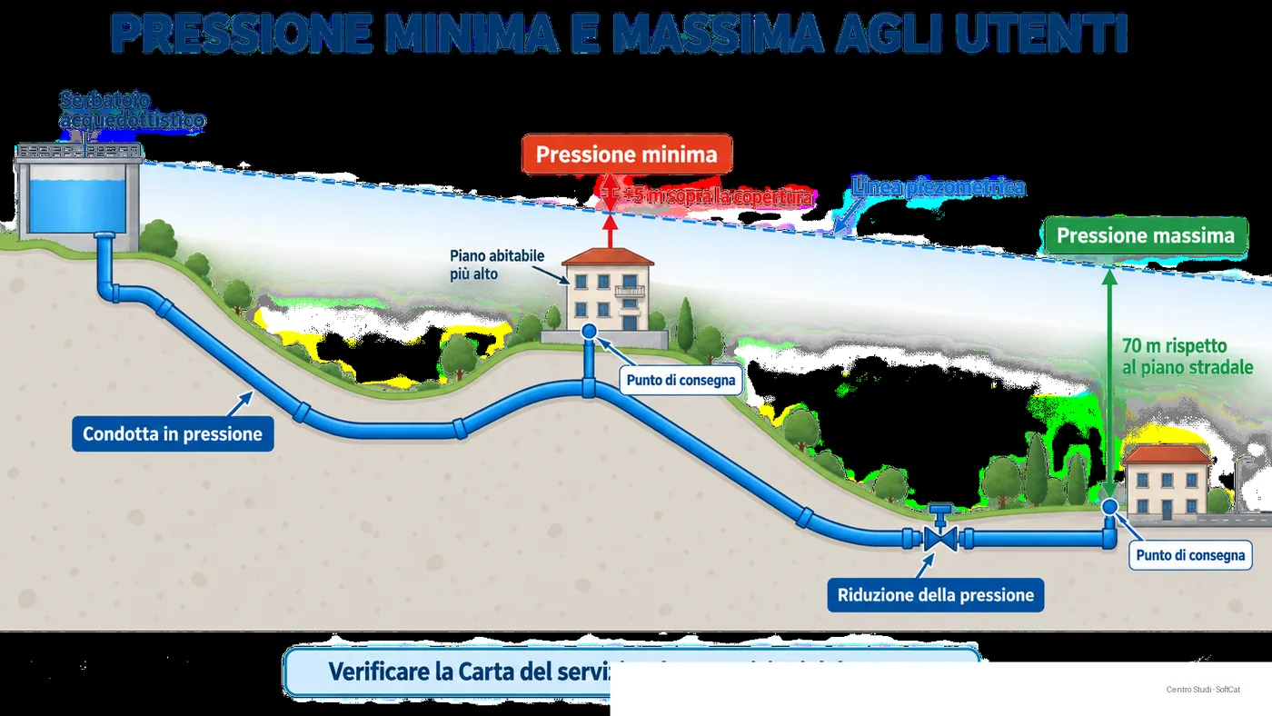 Profilo altimetrico di una rete acquedottistica con linea piezometrica, edificio elevato, punto di consegna e zone di pressione minima e massima.