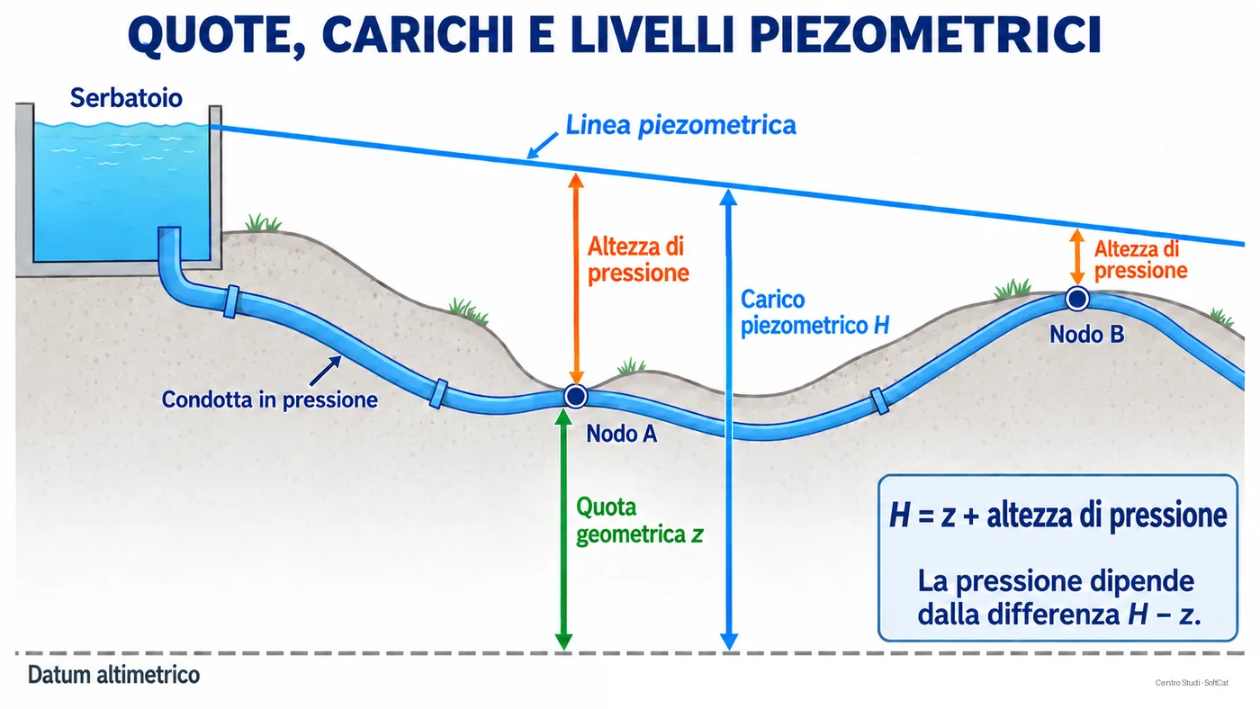 Profilo altimetrico di una rete in pressione con serbatoio, condotta, linea piezometrica, quote dei nodi e altezze di pressione.