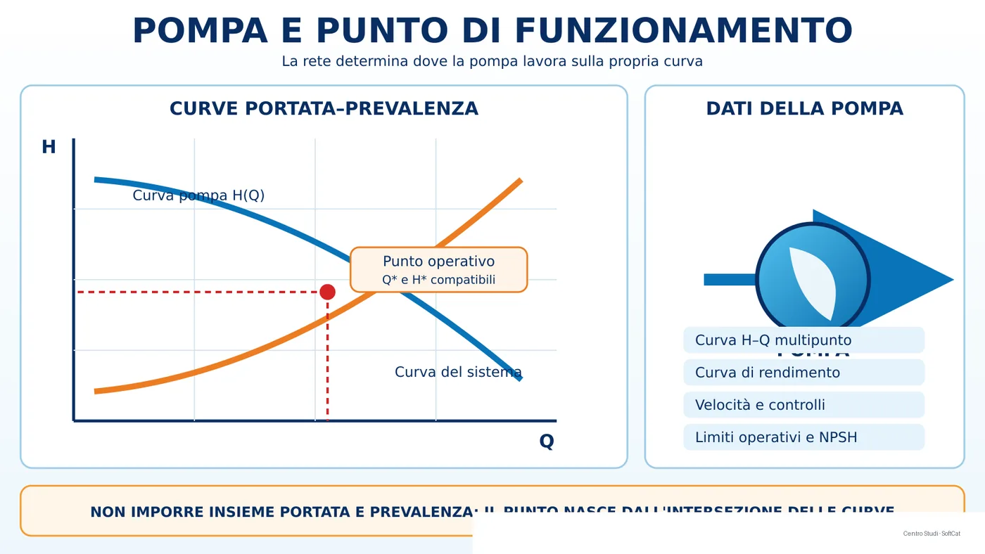 Grafico con curva decrescente della pompa e curva crescente dell'impianto che si intersecano nel punto di funzionamento.