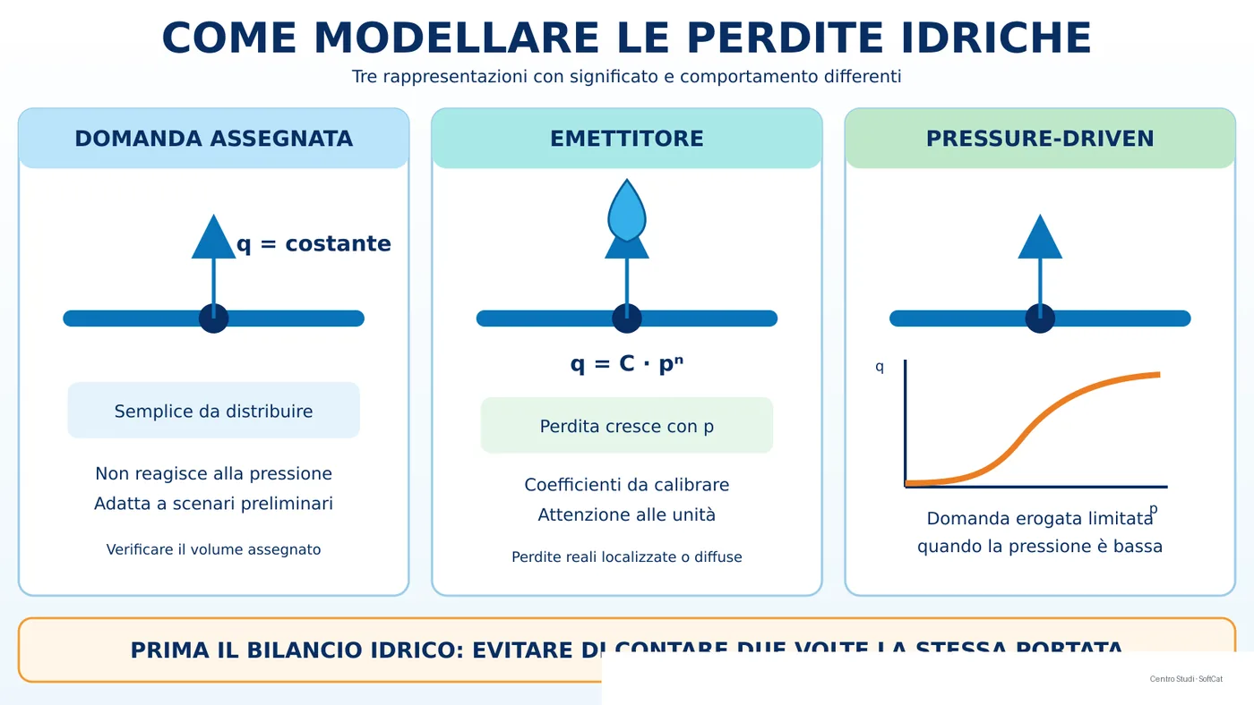 Tre schemi mostrano una domanda di perdita costante, una perdita che cresce con la pressione e una domanda effettiva limitata dalla pressione disponibile.