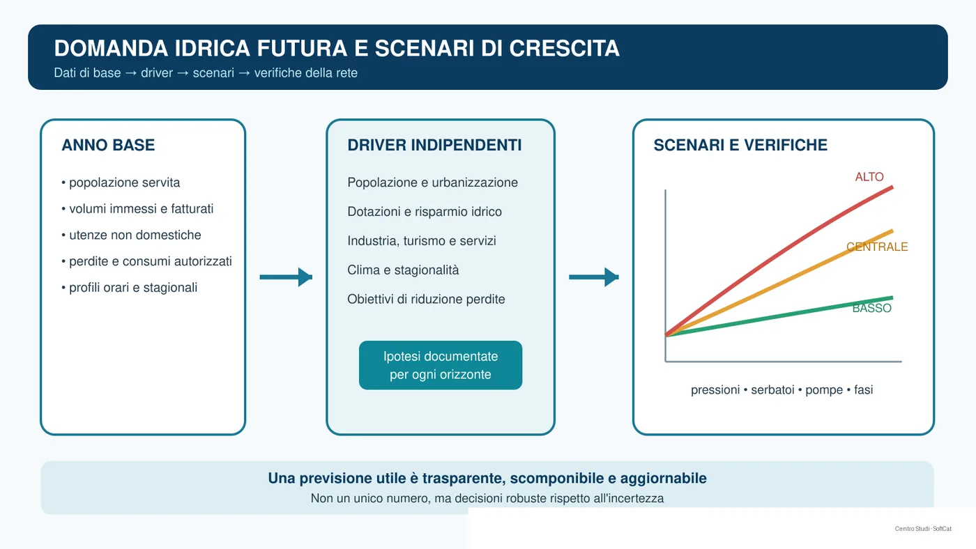 Diagramma della previsione della domanda idrica futura con tre scenari di crescita.