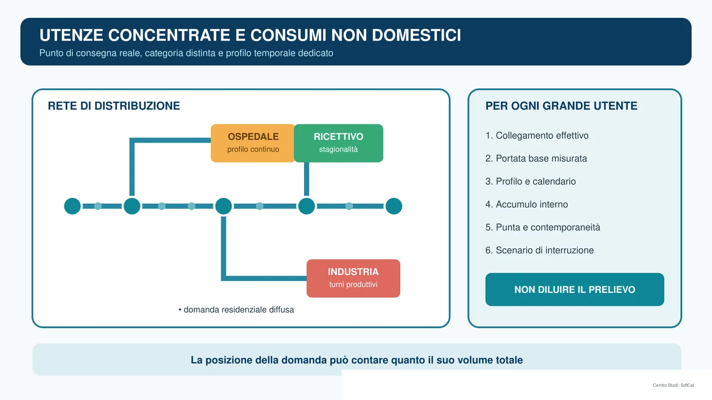 Rete acquedottistica con industria, ospedale e attività commerciale rappresentati come domande concentrate.