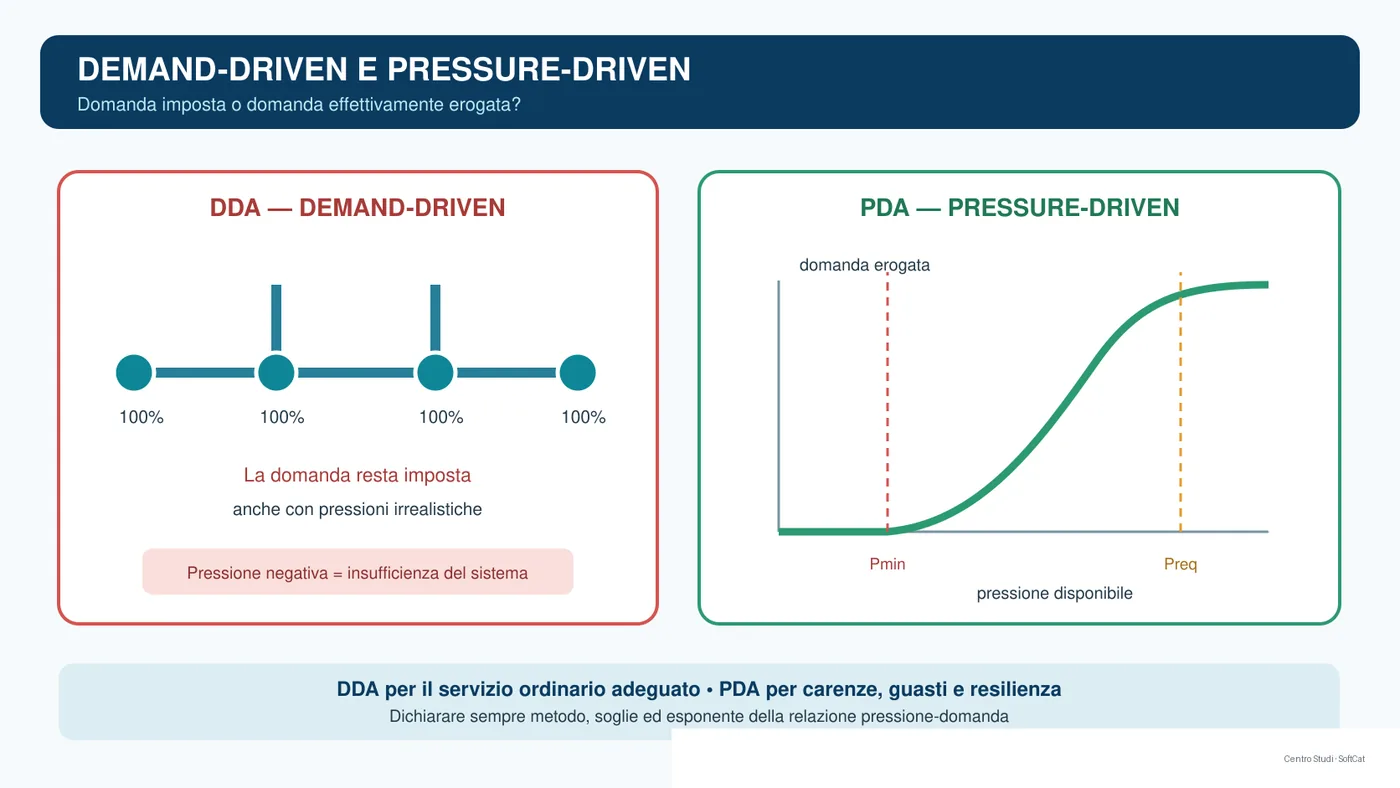 Due schemi di rete e curva pressione-domanda che confrontano modelli demand-driven e pressure-driven.