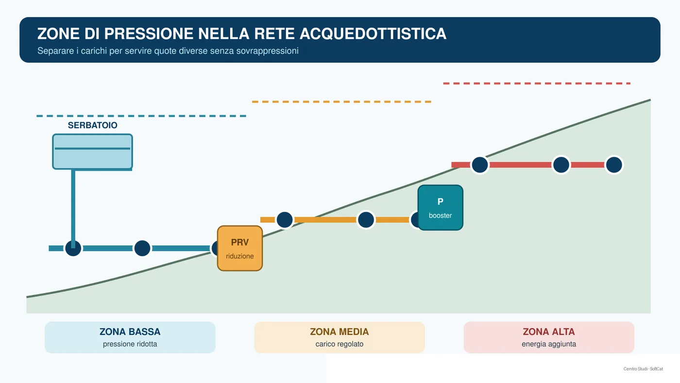 Profilo di una rete acquedottistica divisa in zona bassa, media e alta con differenti carichi piezometrici.