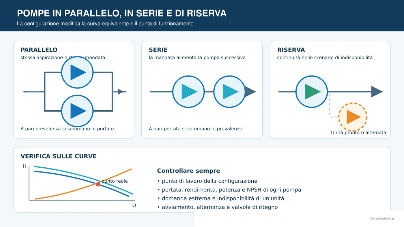 Schema di gruppi di pompe in parallelo e in serie con curve combinate e pompa di riserva.