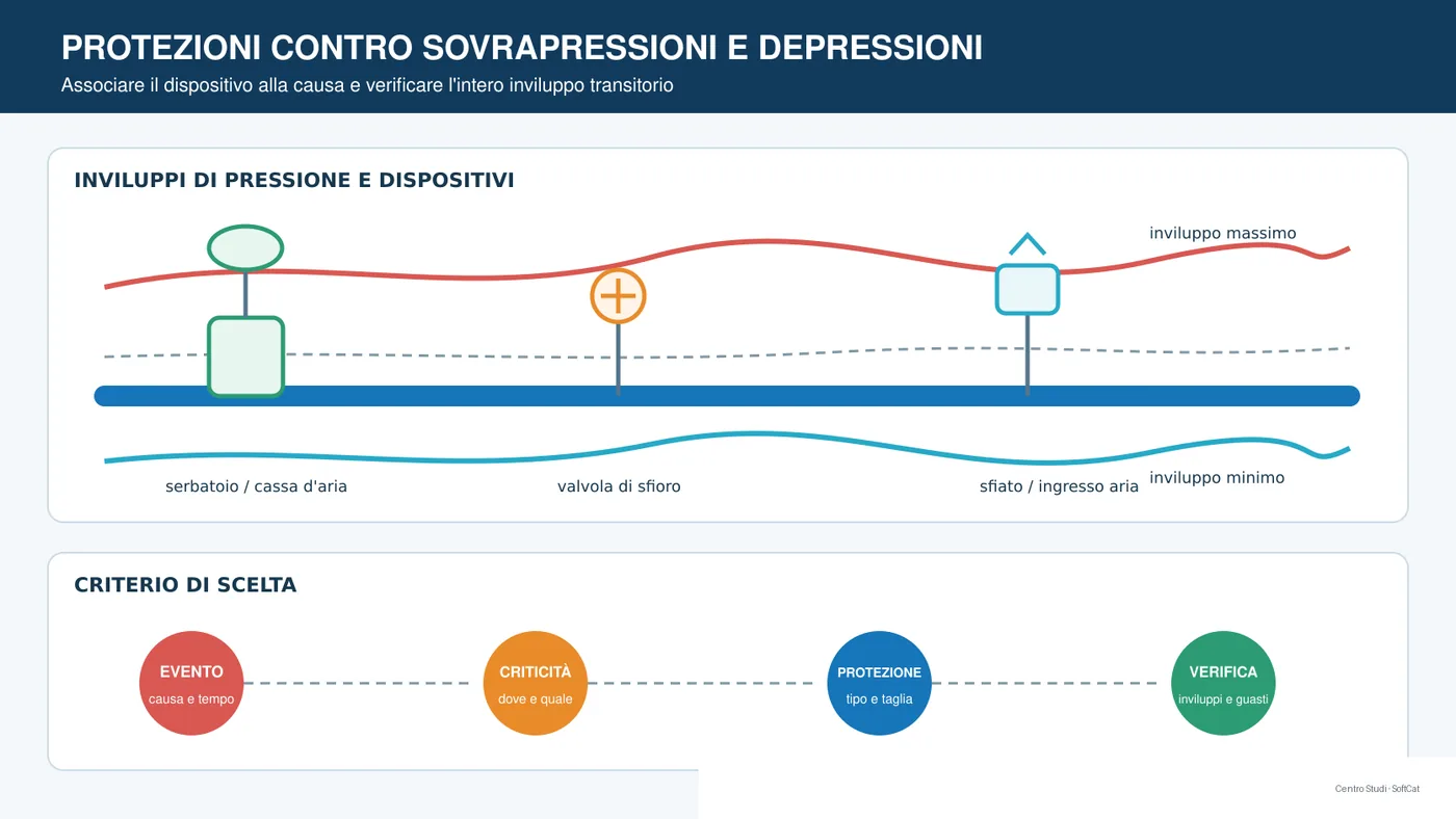 Condotta con serbatoio idropneumatico, valvola di sfioro, sfiato e inviluppi di pressione transitoria.