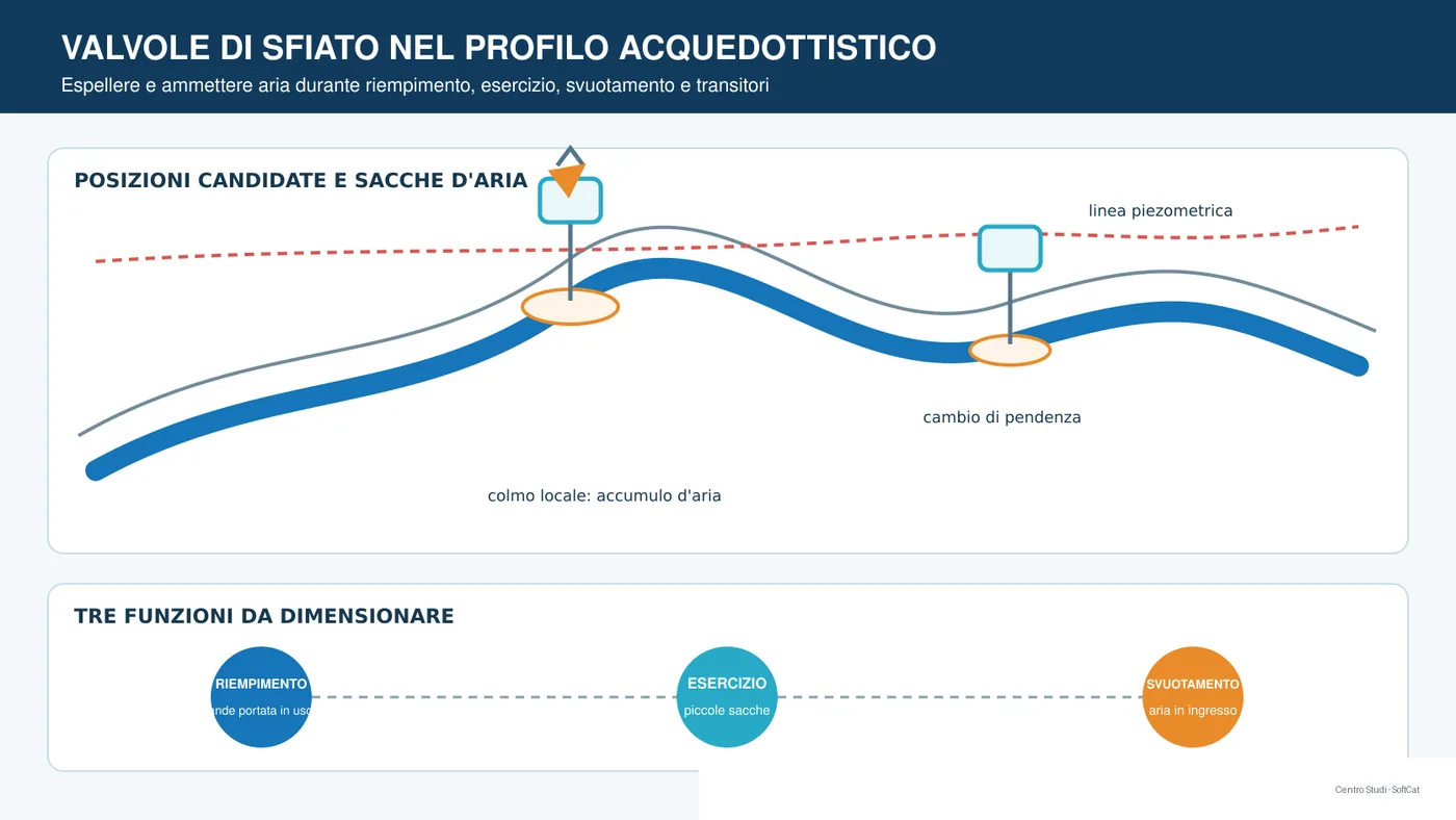 Profilo altimetrico di una condotta con valvole di sfiato, sacche d'aria e linea piezometrica.