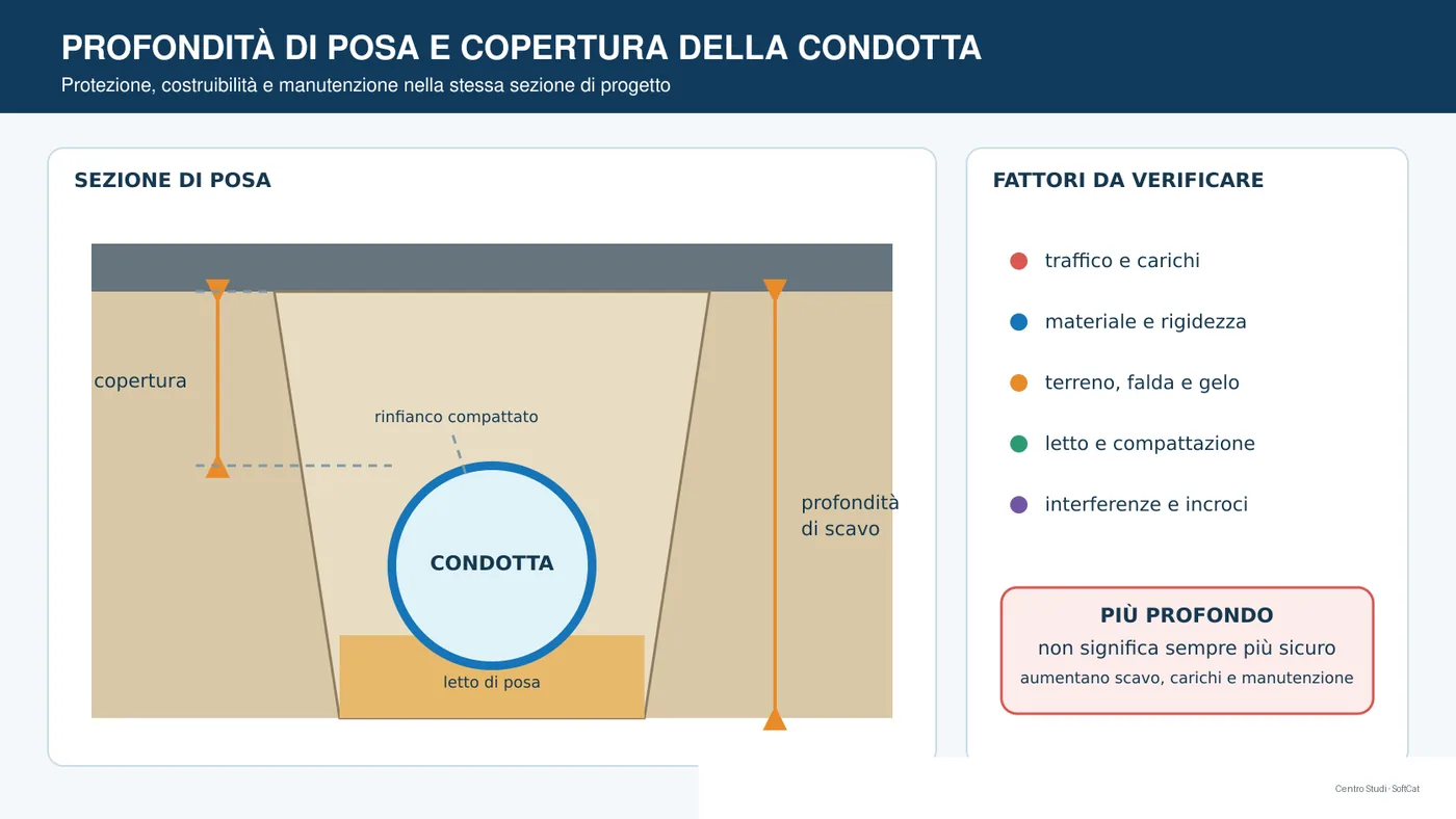 Sezione di trincea di una condotta acquedottistica con misura della copertura e strati di posa.