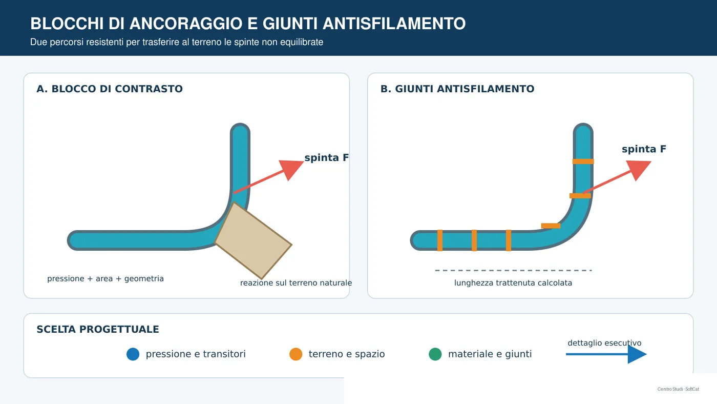 Curva di una condotta con spinta idraulica contrastata da un blocco o da una lunghezza di tubazione trattenuta.