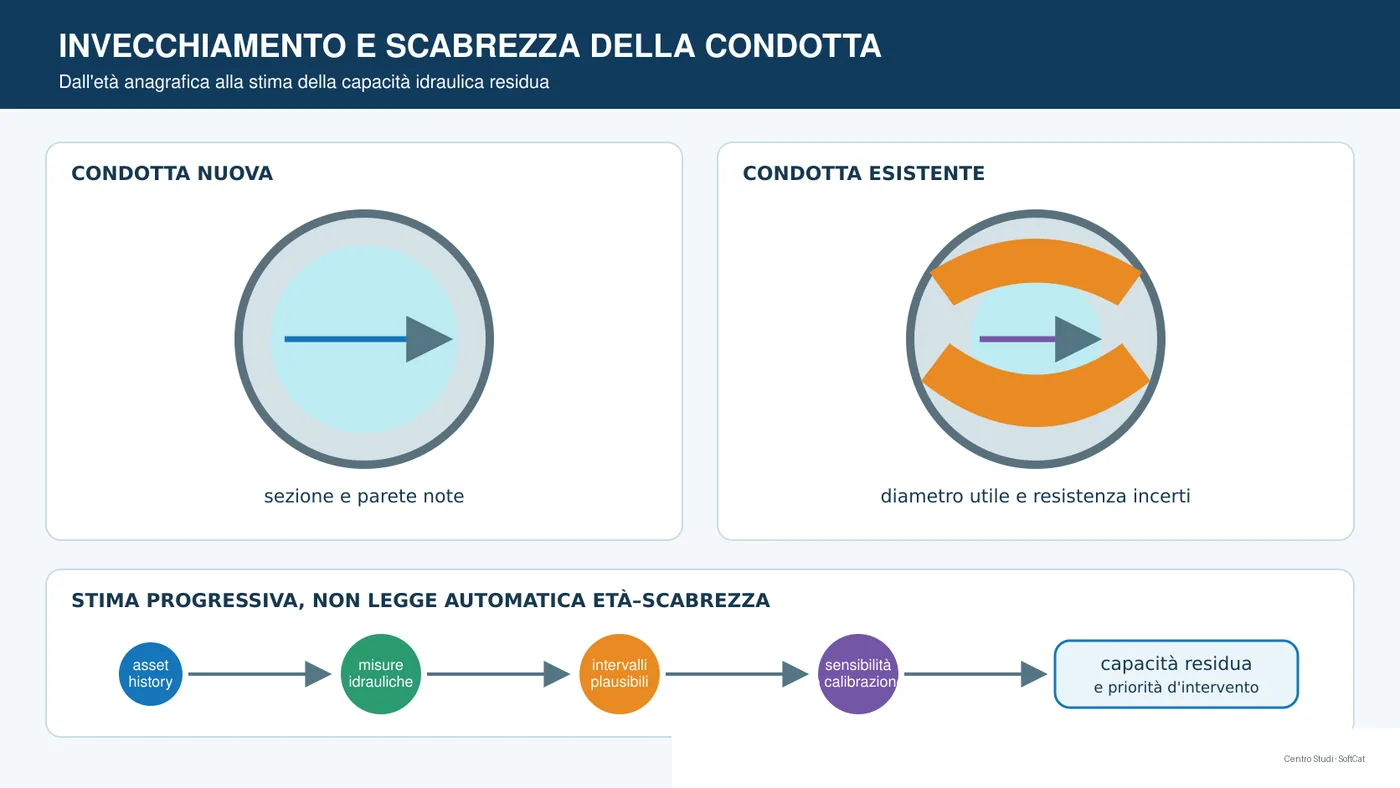 Confronto tra tubo nuovo e tubo con depositi e diagramma di calibrazione della scabrezza.