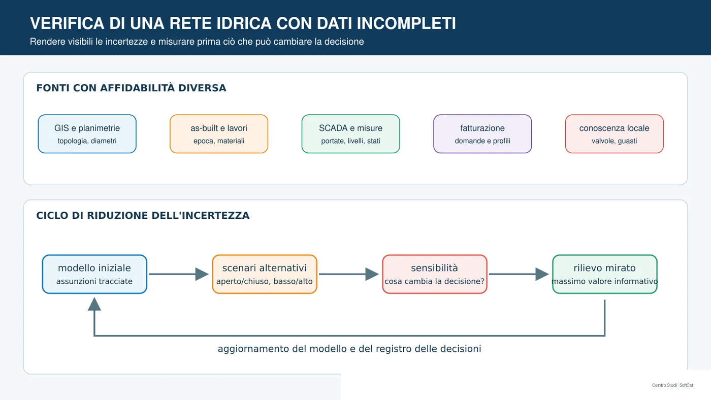 Diagramma del processo di verifica di una rete idrica con dati mancanti e livelli di affidabilità.