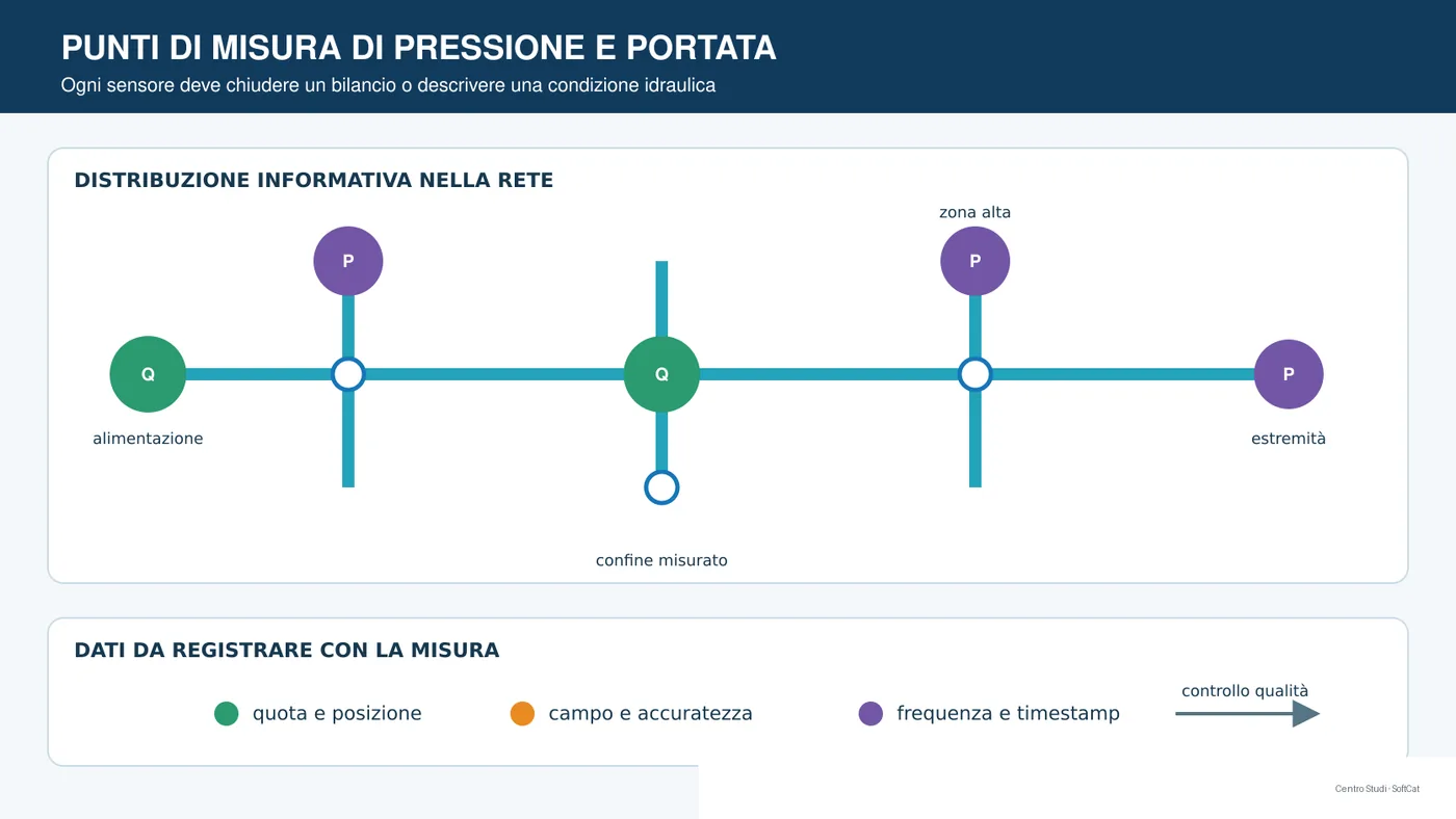 Schema di rete acquedottistica con misure di portata ai confini e pressioni nelle zone alte, basse e terminali.