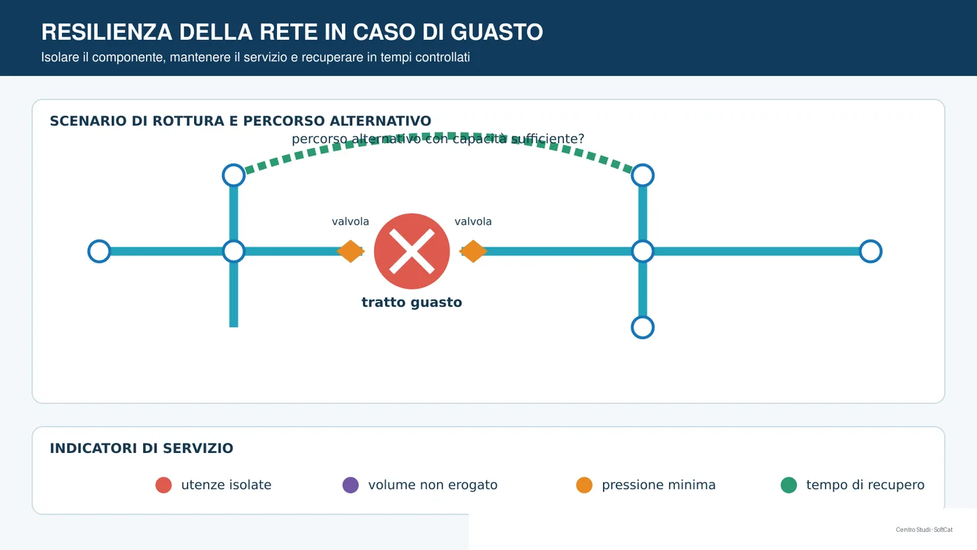 Rete acquedottistica con tratto guasto, valvole chiuse, percorso alternativo e nodi serviti o in deficit.