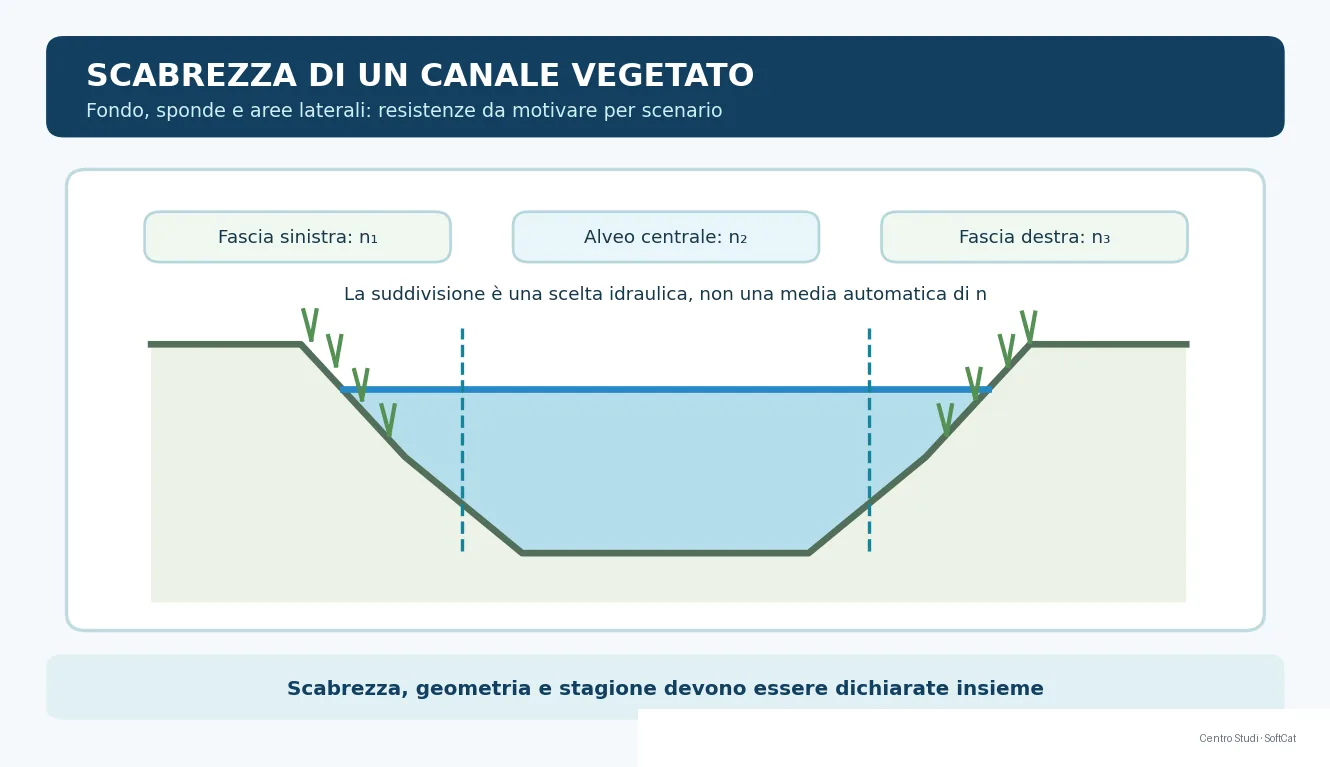 Sezione aperta con fascia sinistra vegetata, alveo principale e fascia destra vegetata, indicate come sottosezioni idrauliche.