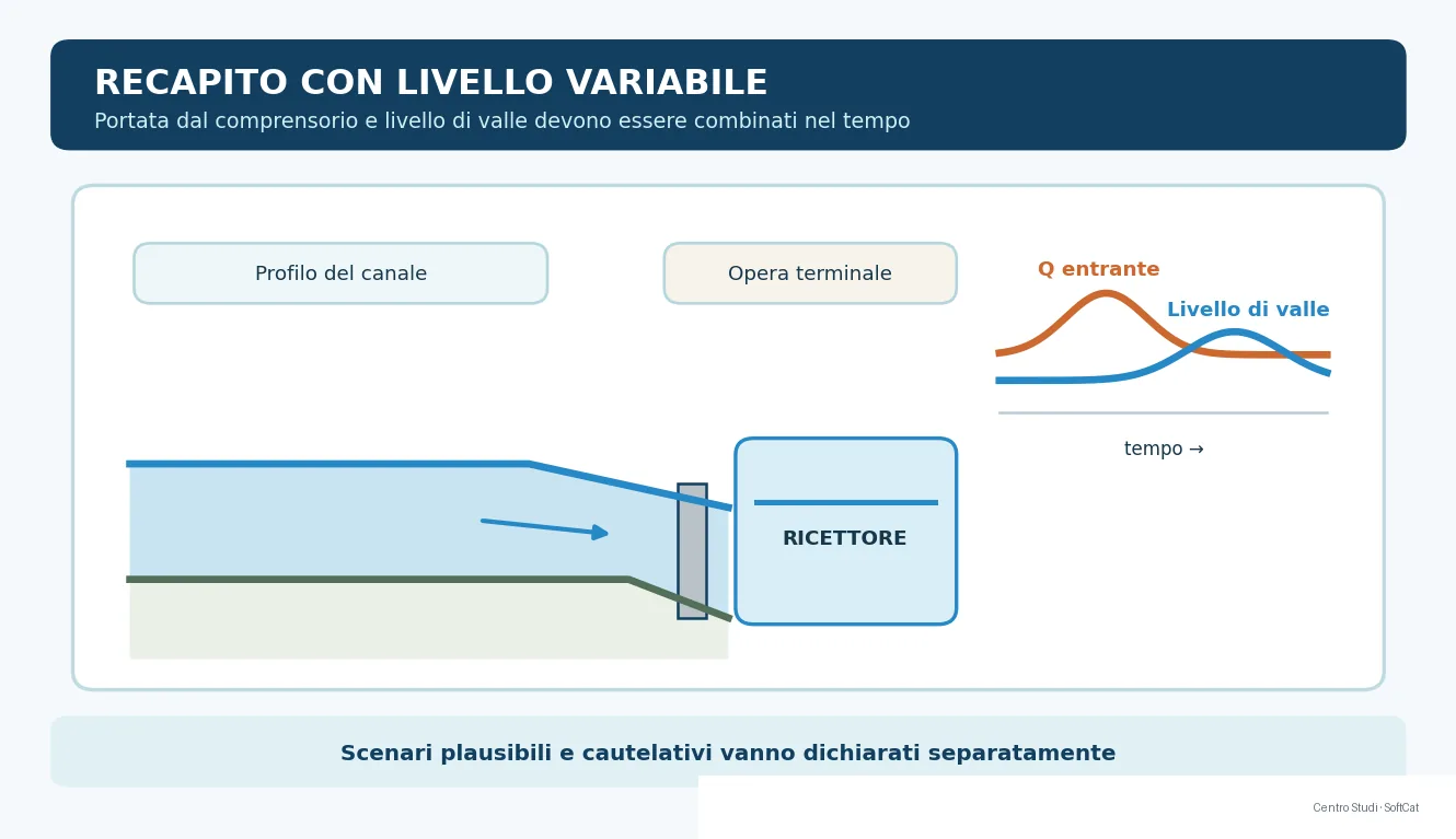 Schema con canale che scarica in un ricettore e grafico di due andamenti temporali non necessariamente contemporanei.