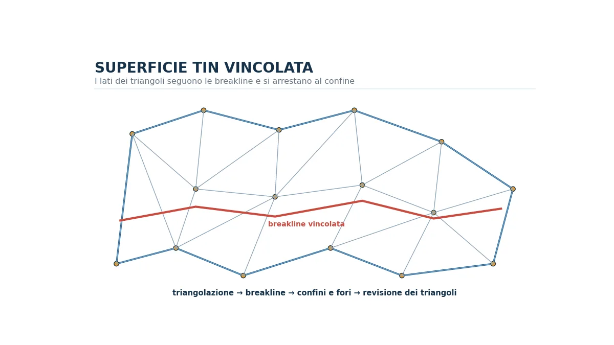 Superficie TIN con triangoli, punti quotati, breakline e confine esterno.