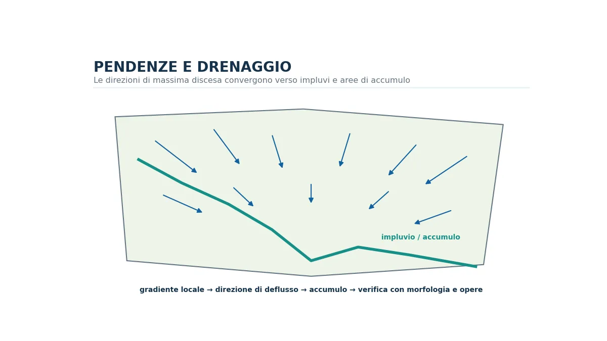 Superficie del terreno con frecce di pendenza e linee di drenaggio convergenti in un impluvio.