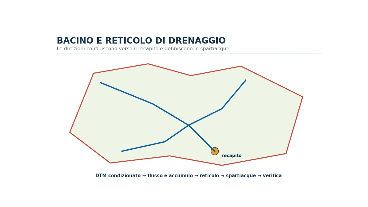 Modello digitale del terreno con spartiacque, reticolo e punto di chiusura del bacino.
