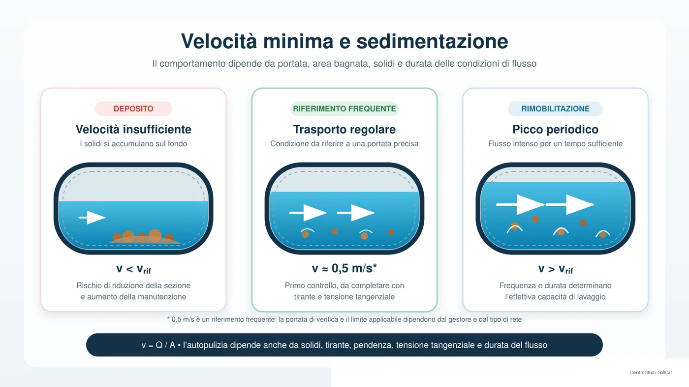 Confronto tra corrente lenta con sedimentazione, velocità di riferimento con trasporto regolare e flusso periodico capace di rimobilitare i depositi.