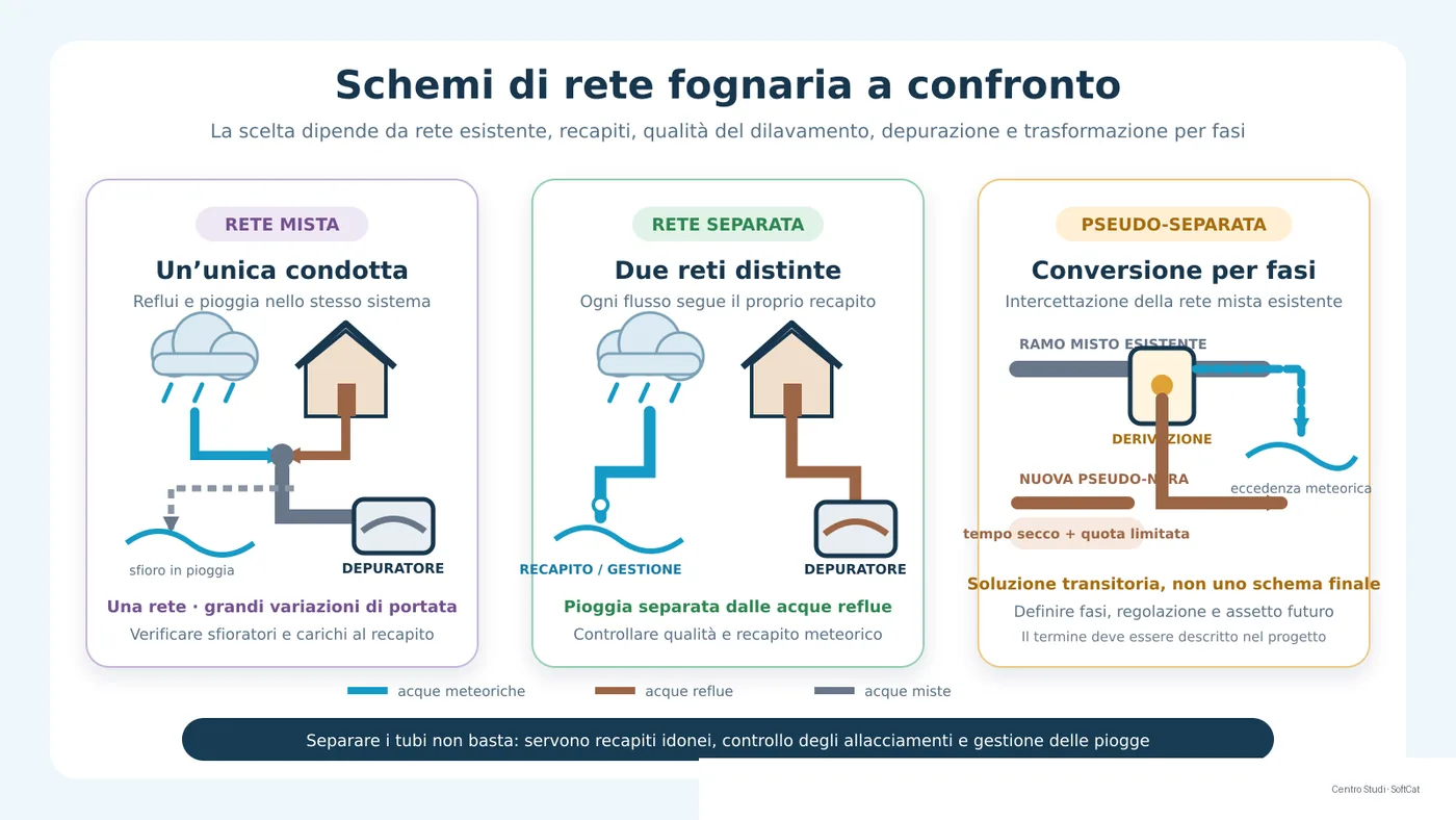 Tre schemi mostrano una condotta unica per acque nere e pioggia, due reti distinte e una rete di transizione che intercetta il tempo secco dalla rete esistente.