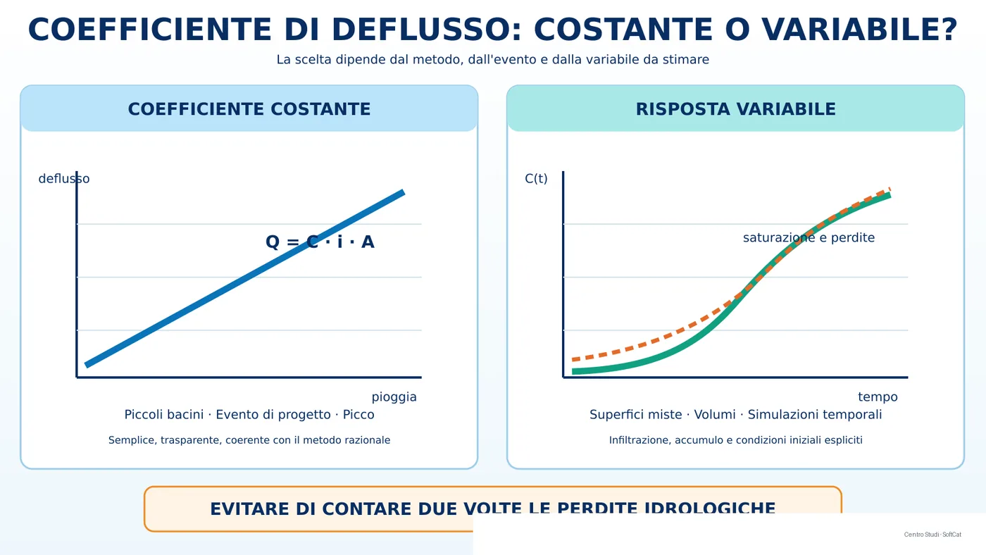 Due grafici confrontano una trasformazione lineare con coefficiente costante e una risposta variabile che aumenta durante l'evento di pioggia.