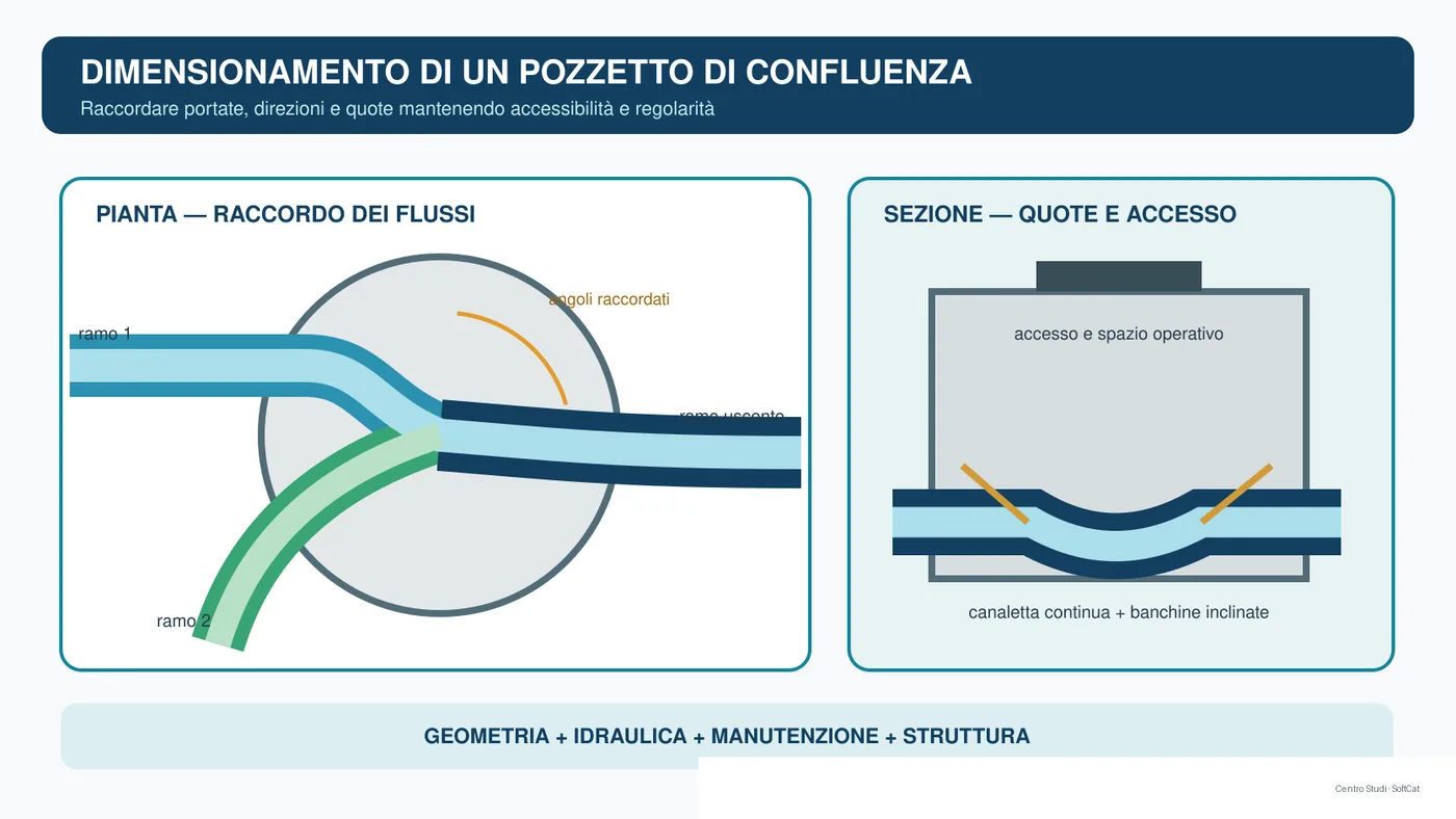 Pianta e sezione di un pozzetto fognario di confluenza con canalette, banchine e quote di scorrimento.