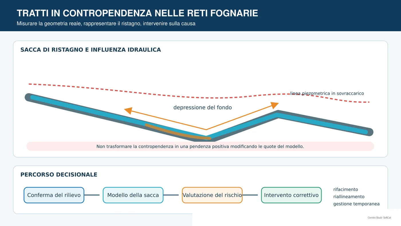 Condotta fognaria con fondo in contropendenza, acqua stagnante, deposito e possibili interventi correttivi.