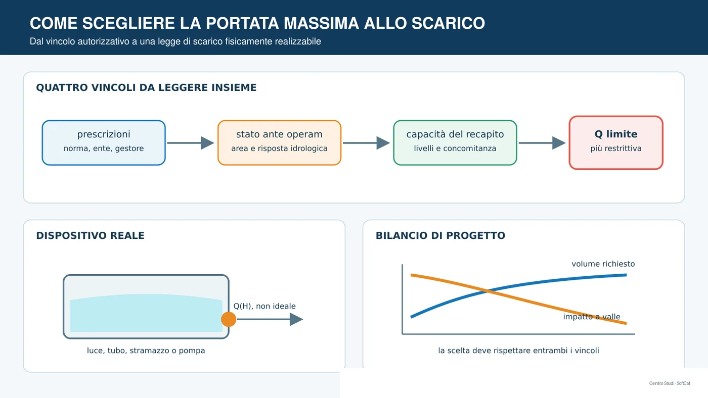 Diagramma di scelta della portata massima allo scarico con limite, recapito, regolatore e vasca.