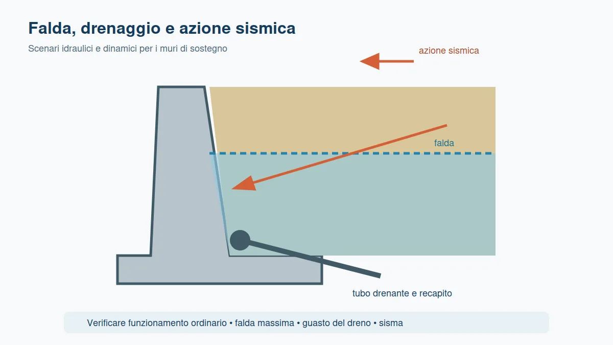 Sezione di muro con falda, tubo drenante, pressione idrostatica e azione sismica.