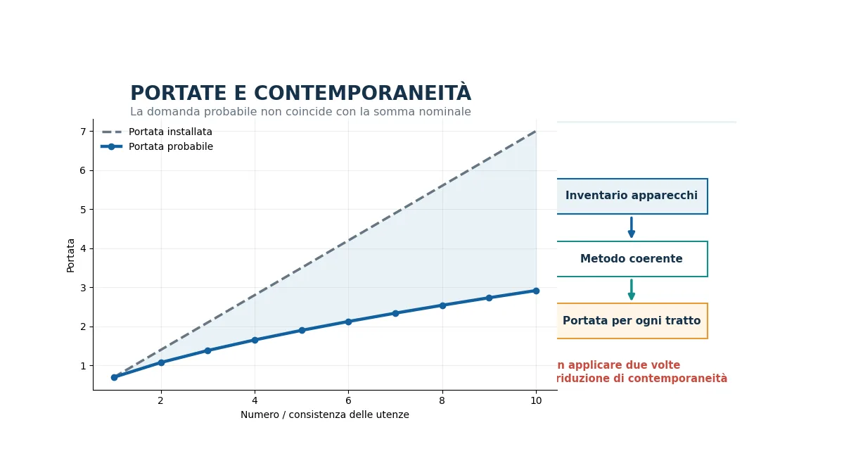 Grafico concettuale tra numero di apparecchi, portata installata e portata contemporanea di progetto.
