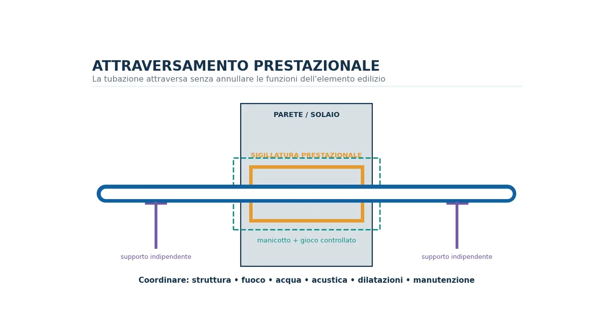 Dettaglio schematico di tubazione in attraversamento con manicotto, materiale resiliente e sigillatura compartimentale.