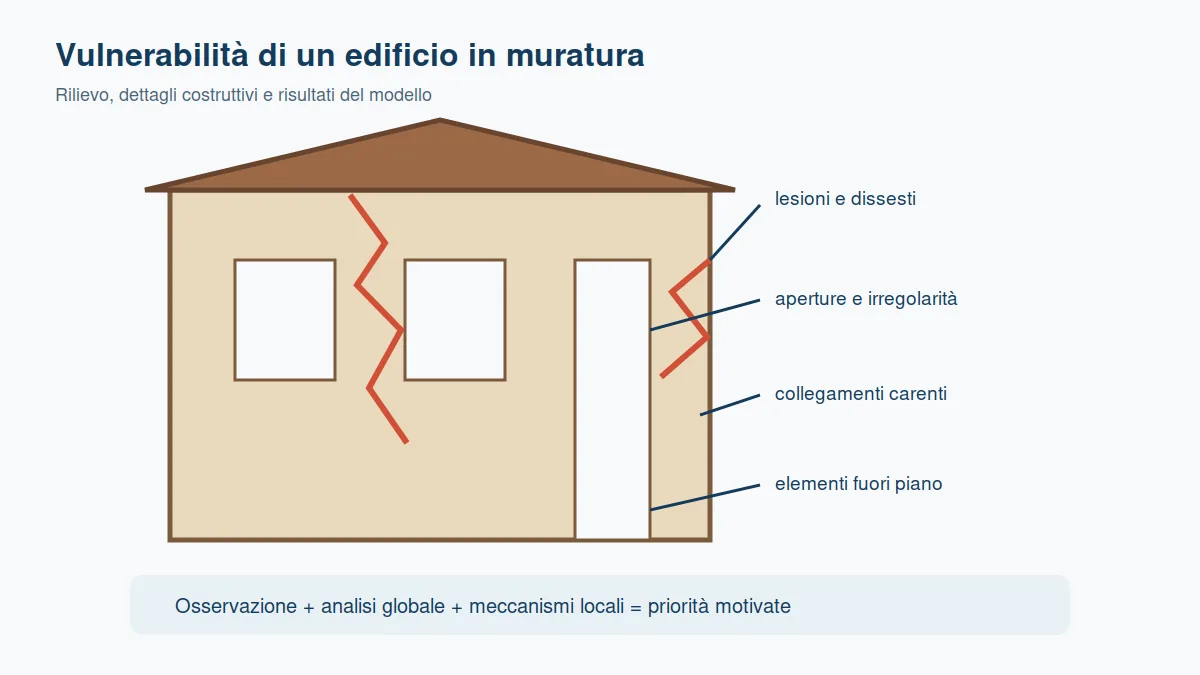 Prospetto di edificio in muratura con evidenza di lesioni, irregolarità e carenze di collegamento.