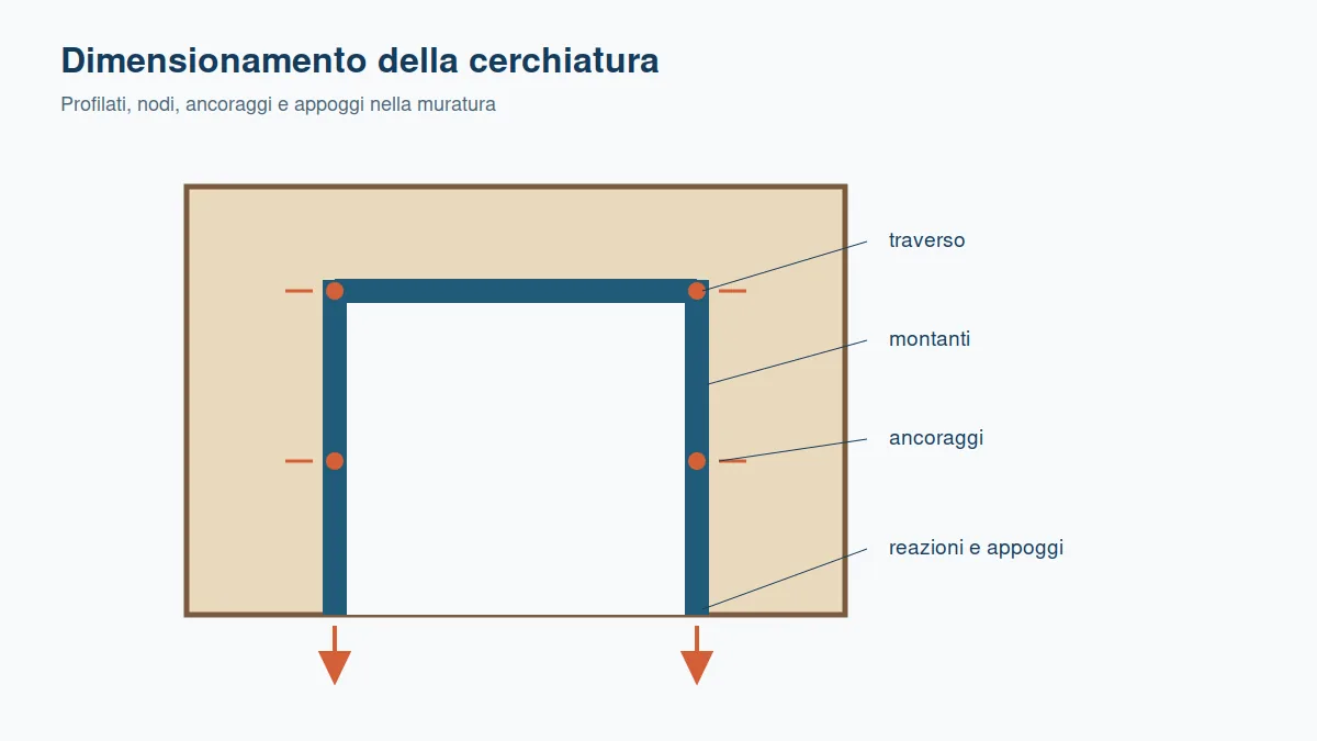 Cerchiatura metallica di apertura muraria con montanti, traverso, ancoraggi e reazioni.