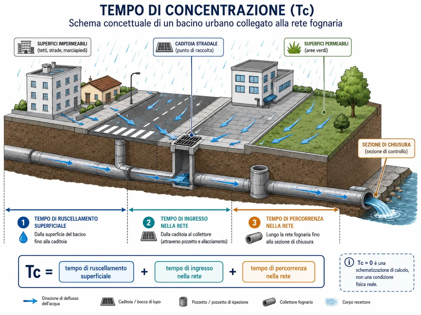 Schema del tempo di corrivazione in un bacino urbano con ruscellamento superficiale e percorrenza nella rete.
