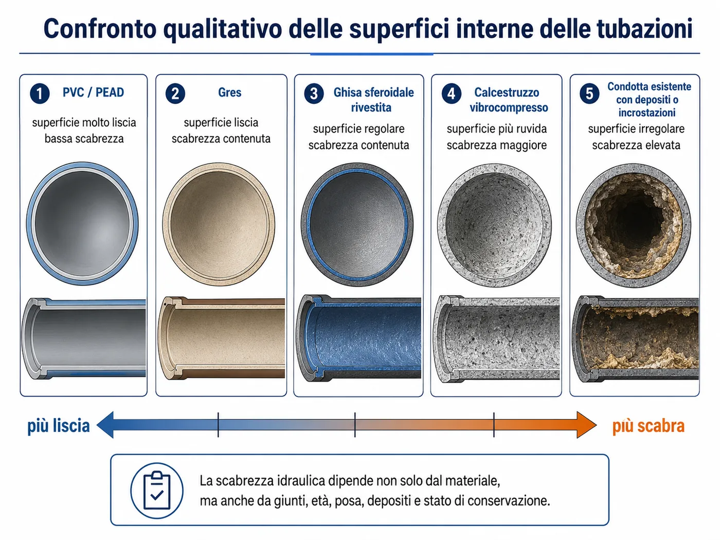Schema di tre tubazioni con differenti condizioni di scabrezza interna.