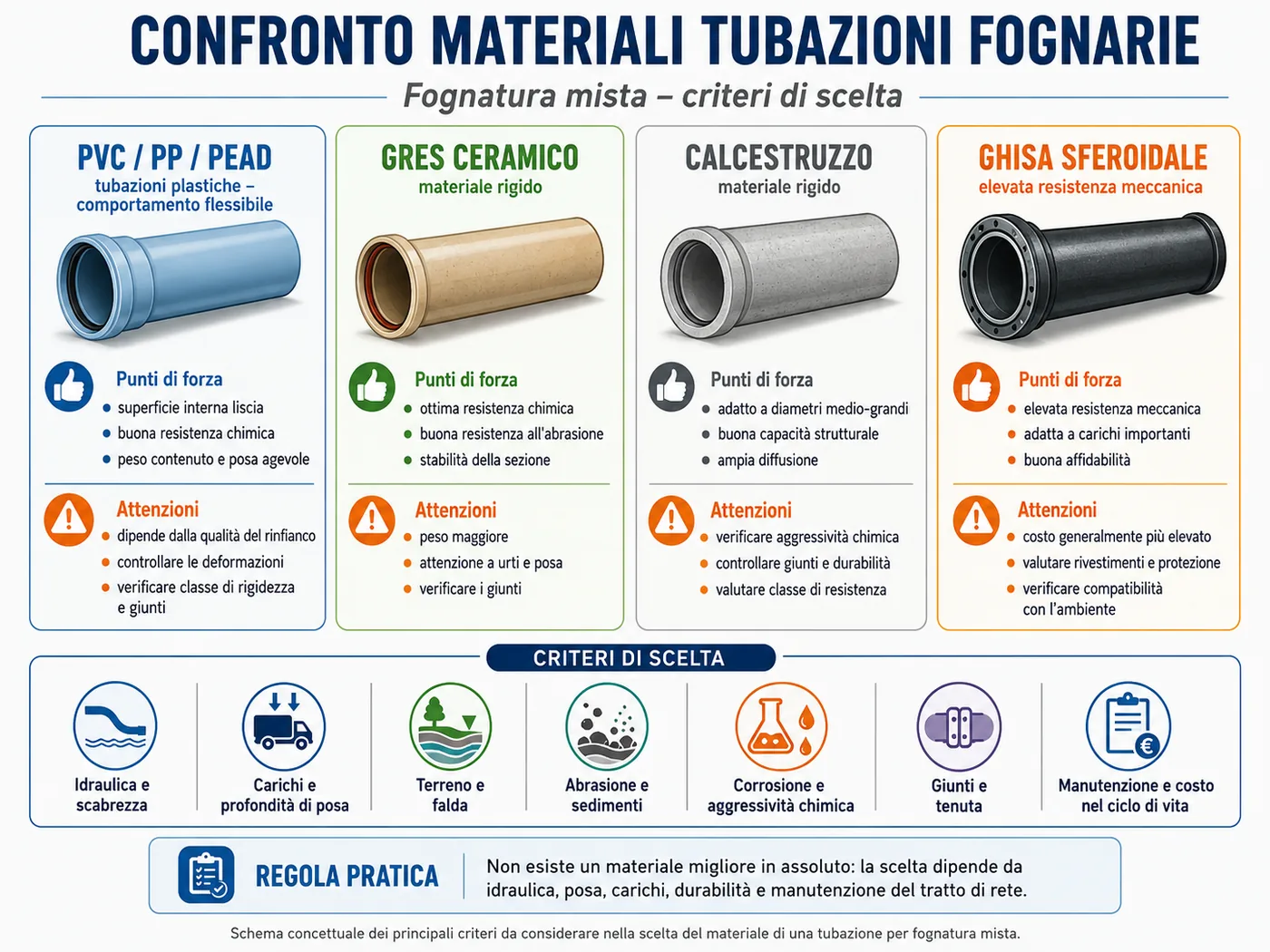 Confronto concettuale tra tubazioni fognarie rigide e flessibili e criteri di scelta relativi a posa, carichi, durabilità, abrasione e corrosione.