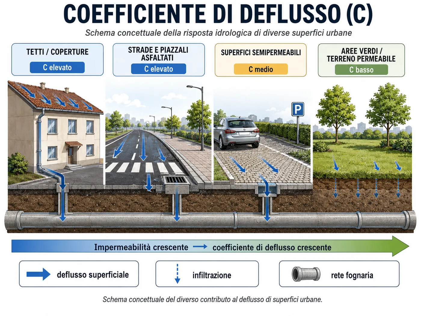 Confronto tra tetti, strade, parcheggi e aree verdi con differenti contributi al deflusso superficiale verso la rete fognaria.
