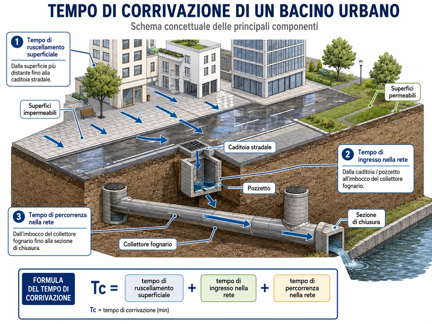 Schema di un bacino urbano con ruscellamento superficiale, ingresso nella rete e percorrenza nei collettori fino alla sezione di chiusura.