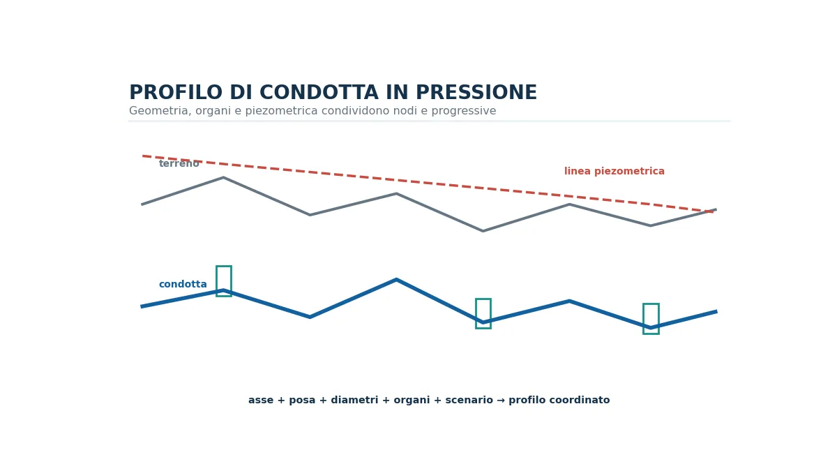 Profilo longitudinale di condotta in pressione con terreno, tubazione, organi e linea piezometrica.