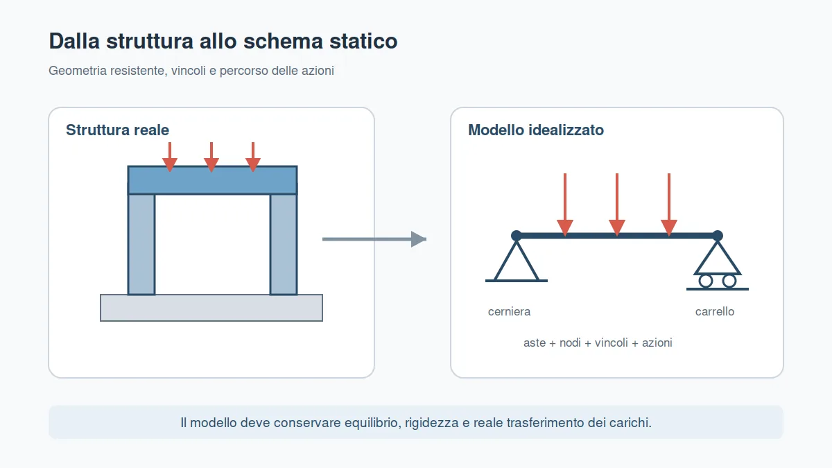Confronto tra una trave reale e il relativo schema statico con carichi, cerniera, carrello e reazioni.