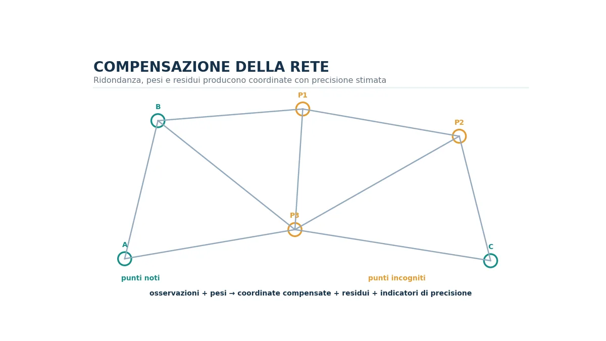 Piccola rete topografica con punti noti, punti incogniti e osservazioni ridondanti.